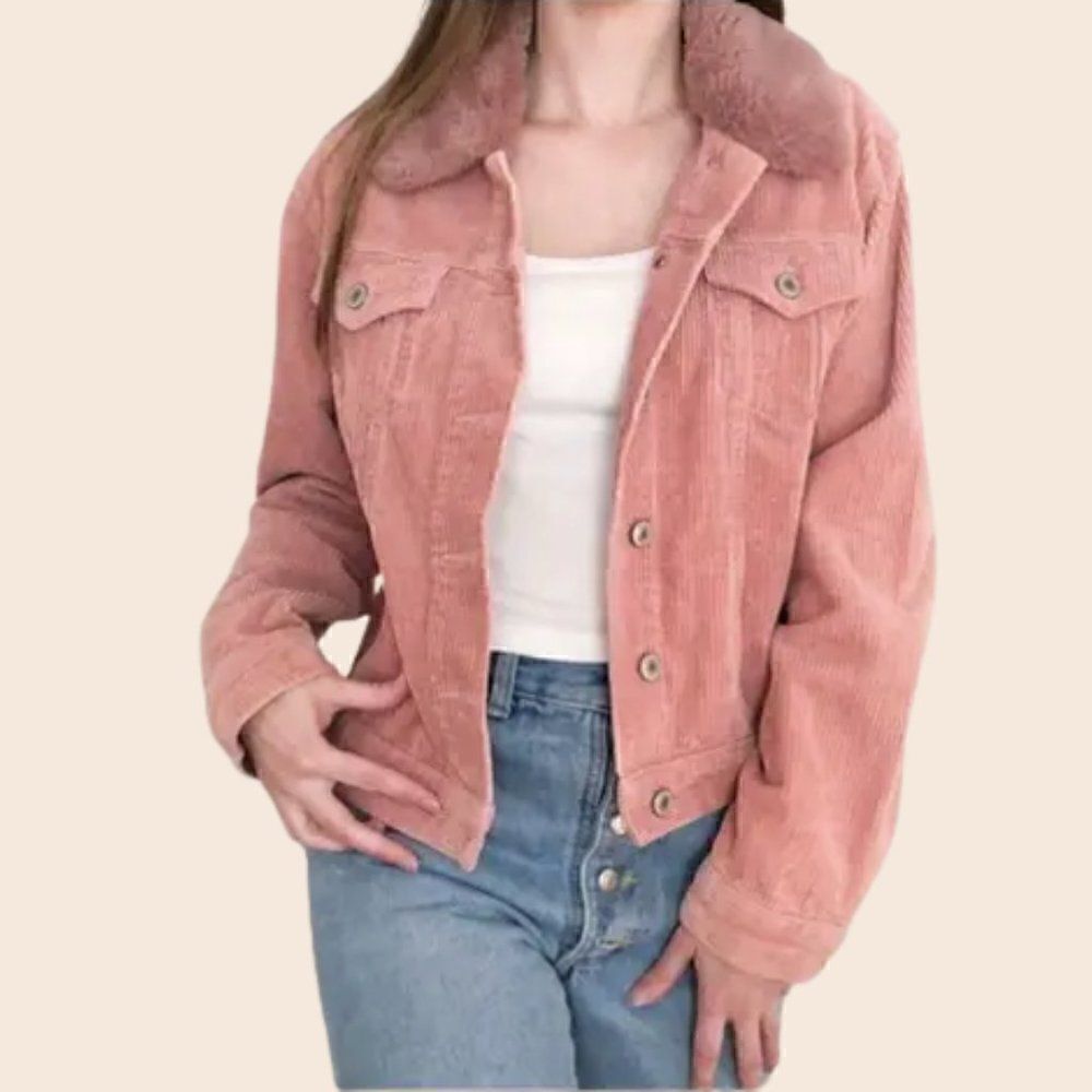 Brandy Melville Pink Distressed Blush Pink Corduroy Jacket w/ fur collar